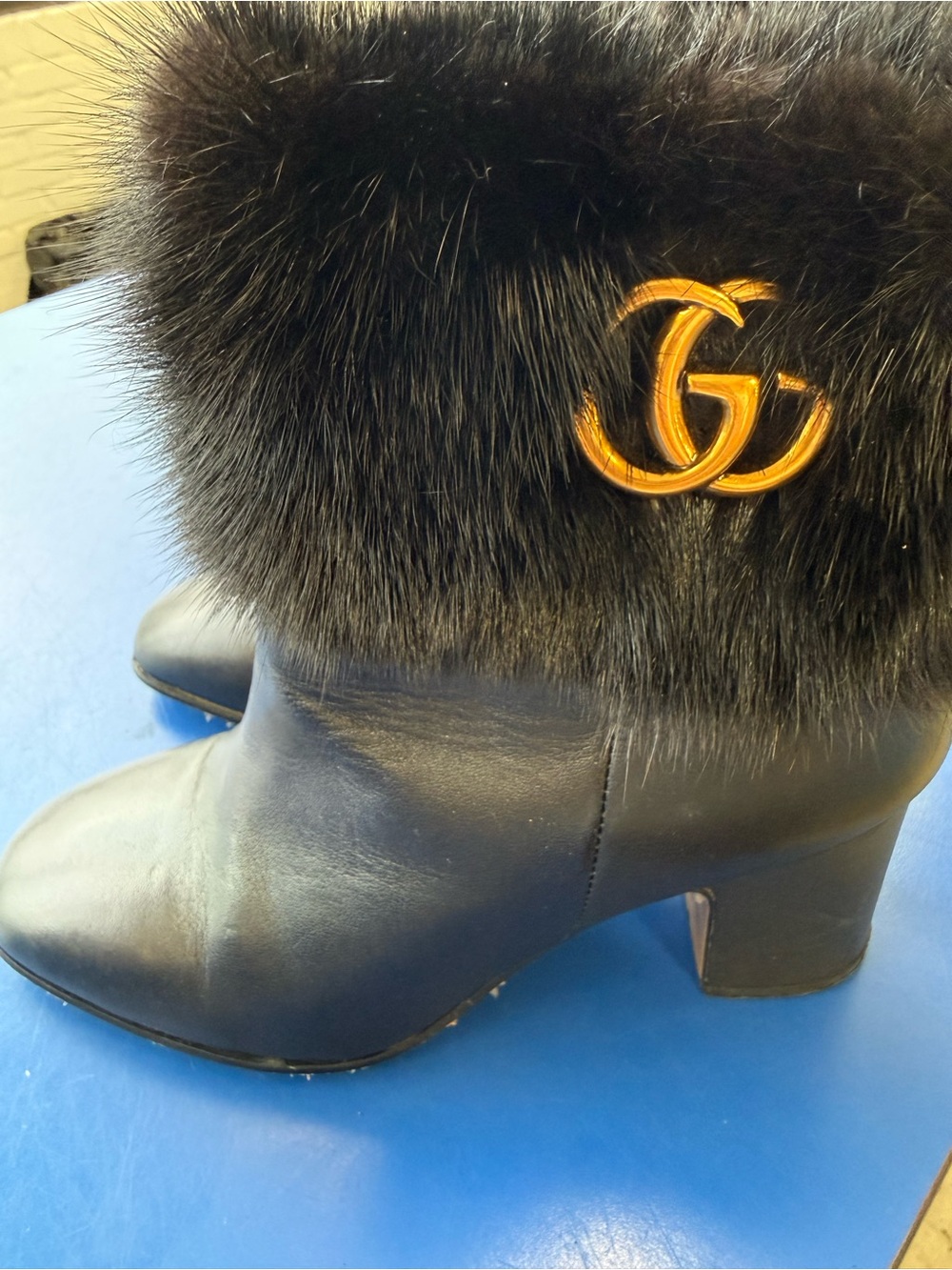 Gucci Black Leather Ankle Boots with Fur Cuff and Gold GG Emblem